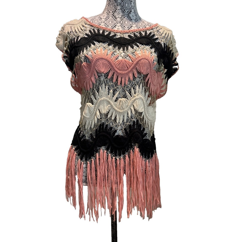 Festival‎ woman's Crochet Open Knit Fringe Sweater Top Swim Cover up S / M
